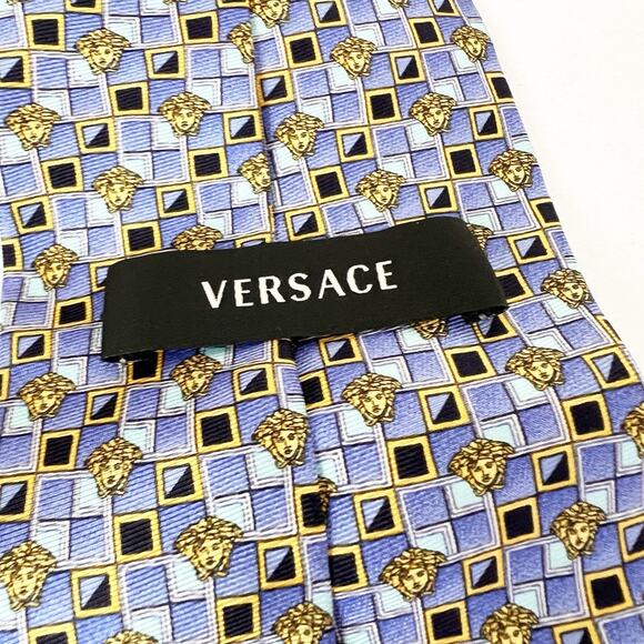 VERSACE logo pattern necktie Blue silk Men's Accessories made in Italy Used - Picture 6 of 6
